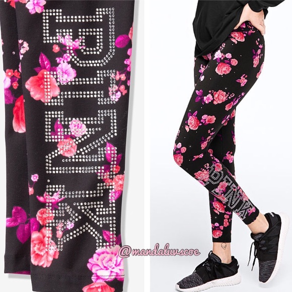 PINK Victoria's Secret Pants - ❗️LAST💕VS PINK BLACK FLORAL BLING COTTON LEGGINGS
